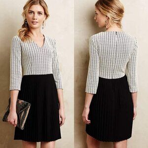 ANTHROPOLOGIE Crossknit Dress Black & White Fit & Flare Pleated Knit NEW